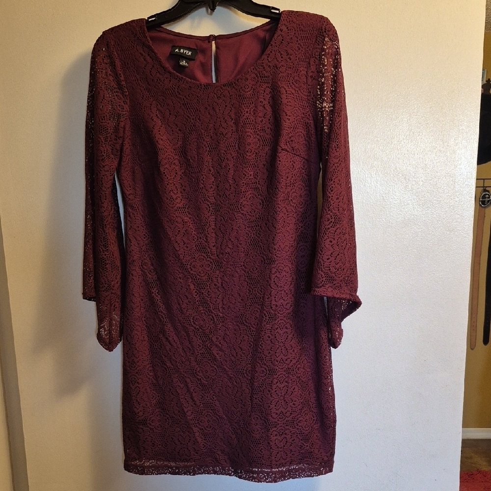 A. Byer Burgundy Lace Long Sleeve Dress